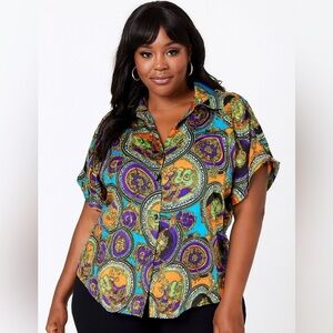 Trendy Status Print Short Sleeve Button Front Shirt - Multi Color 1x
